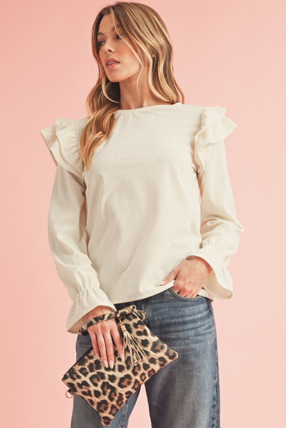 Beige Corduroy Ruffled Sleeve Blouse