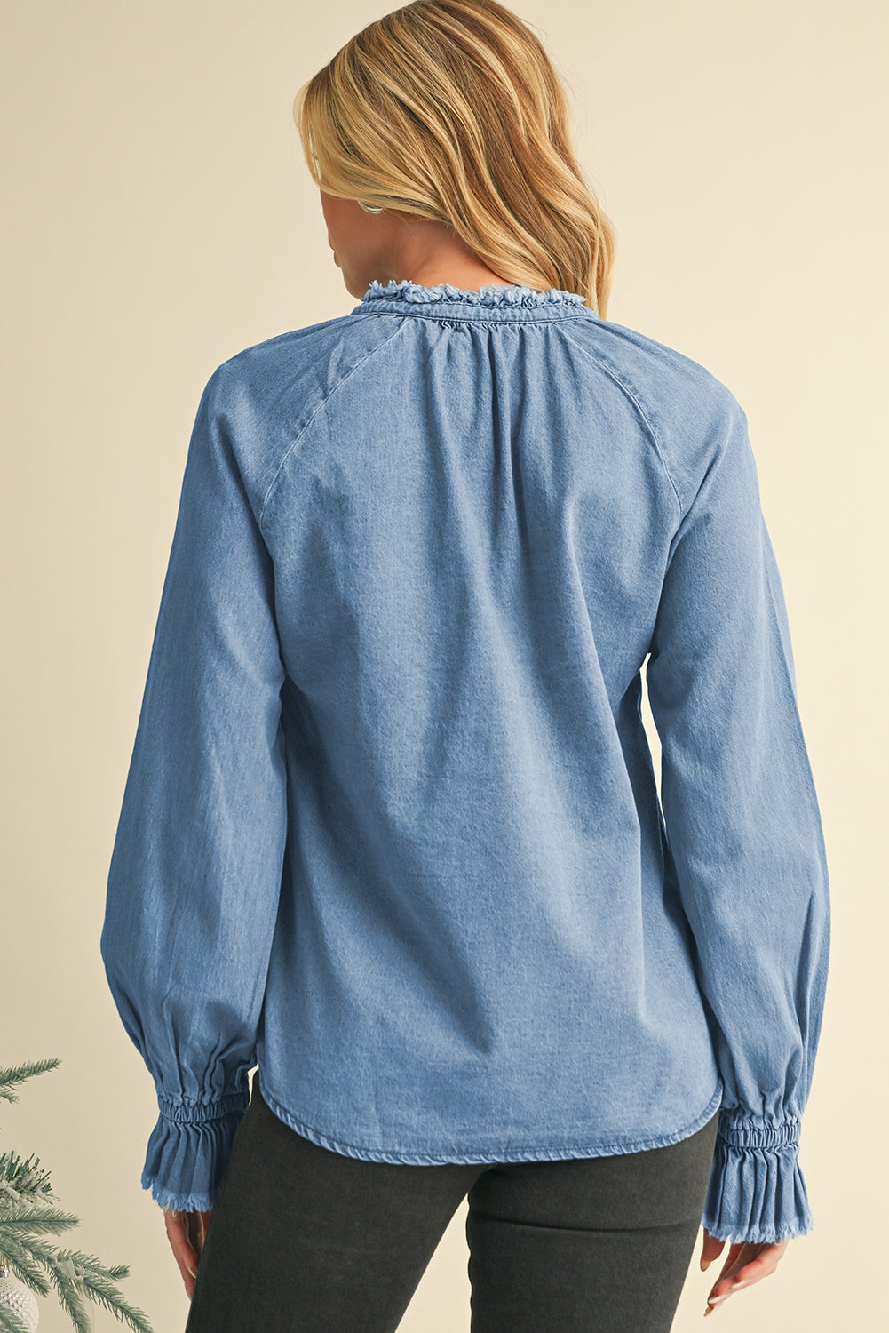 Frilled Half Buttoned Denim Blouse