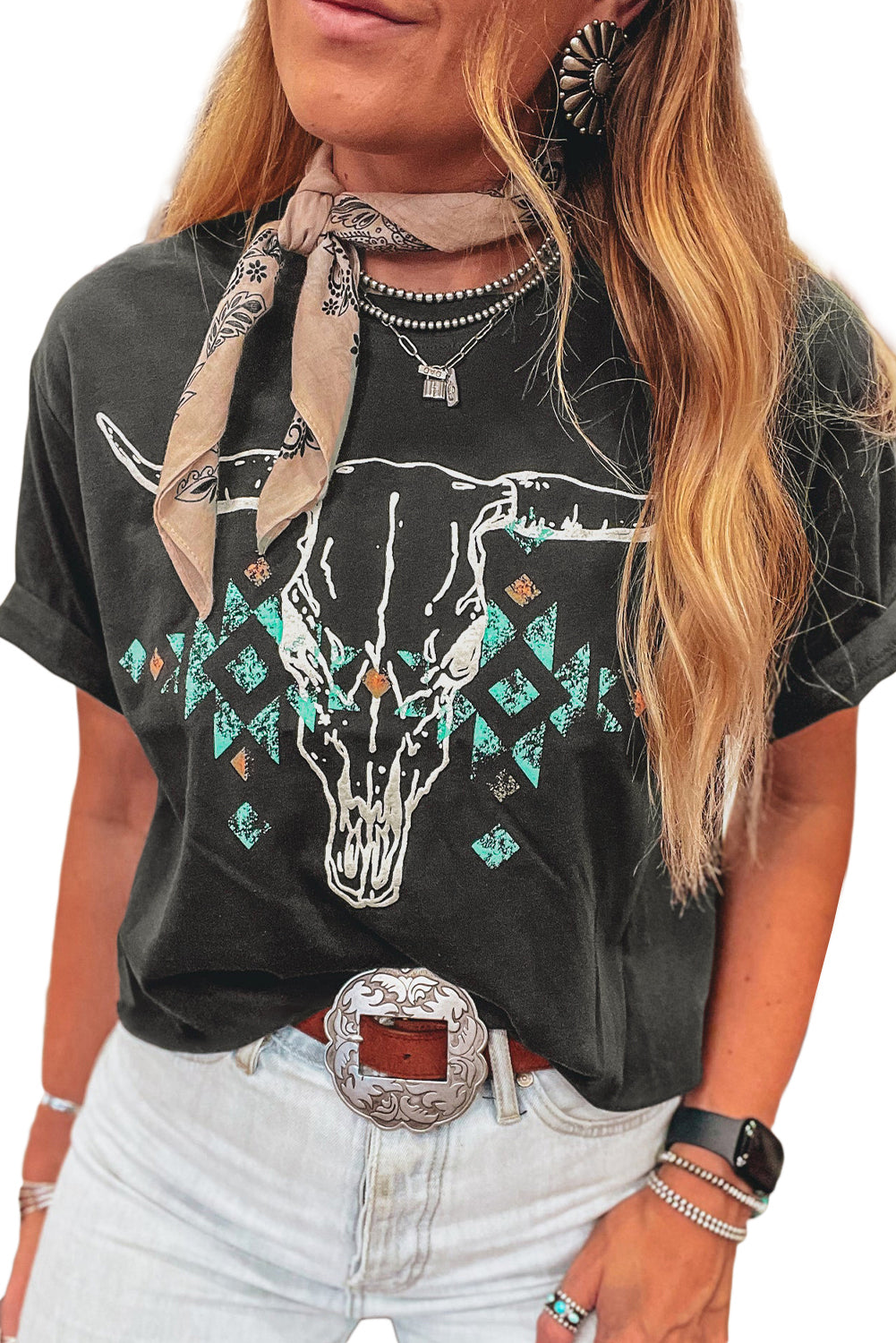 Grey Western Bull Skull T Shirt