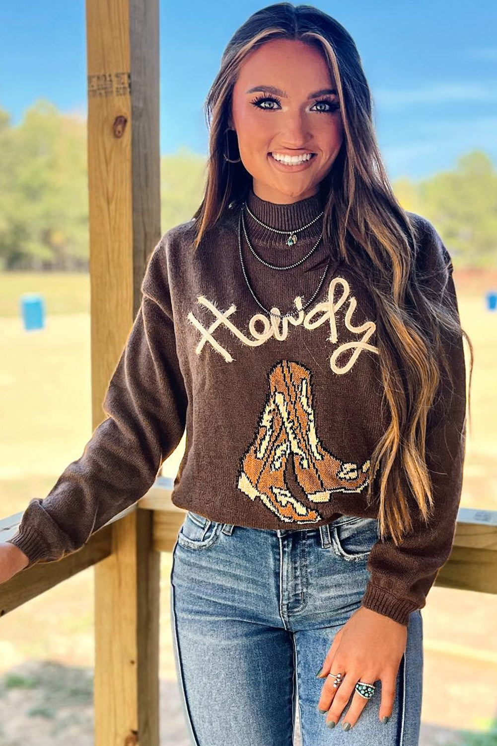 Howdy Cowboy Boot High Neck Sweater