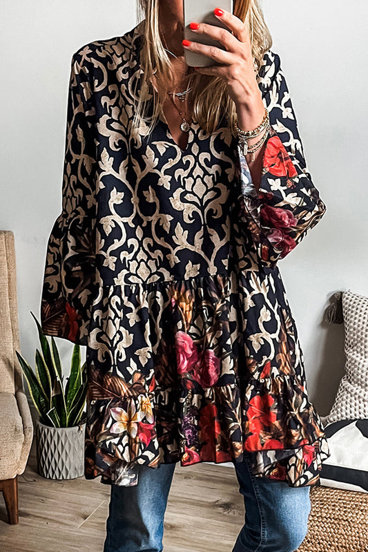 Black Abstract Print V-Neck Tiered Dress