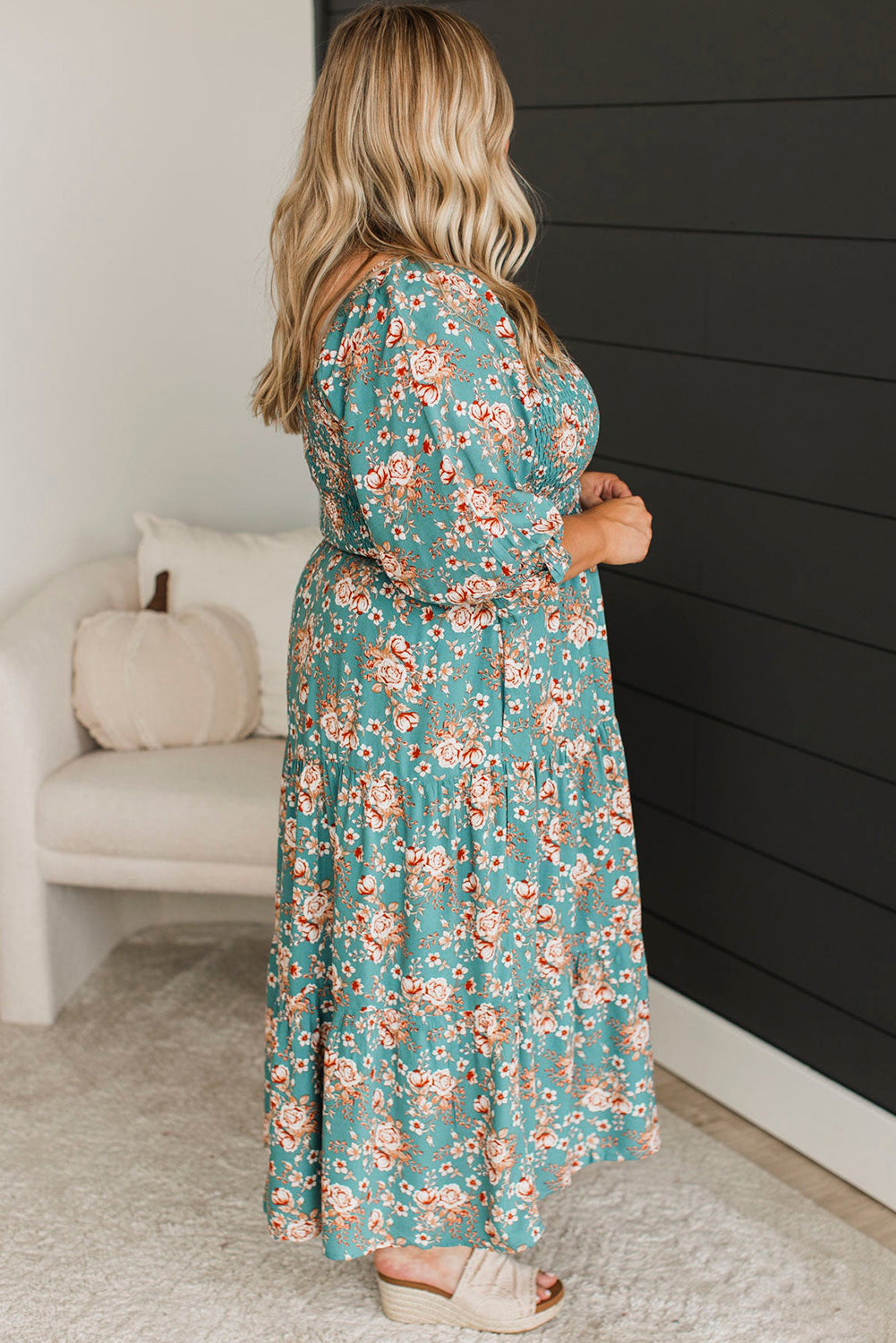 Green Floral Print Smocked Tiered Maxi Dress - Plus