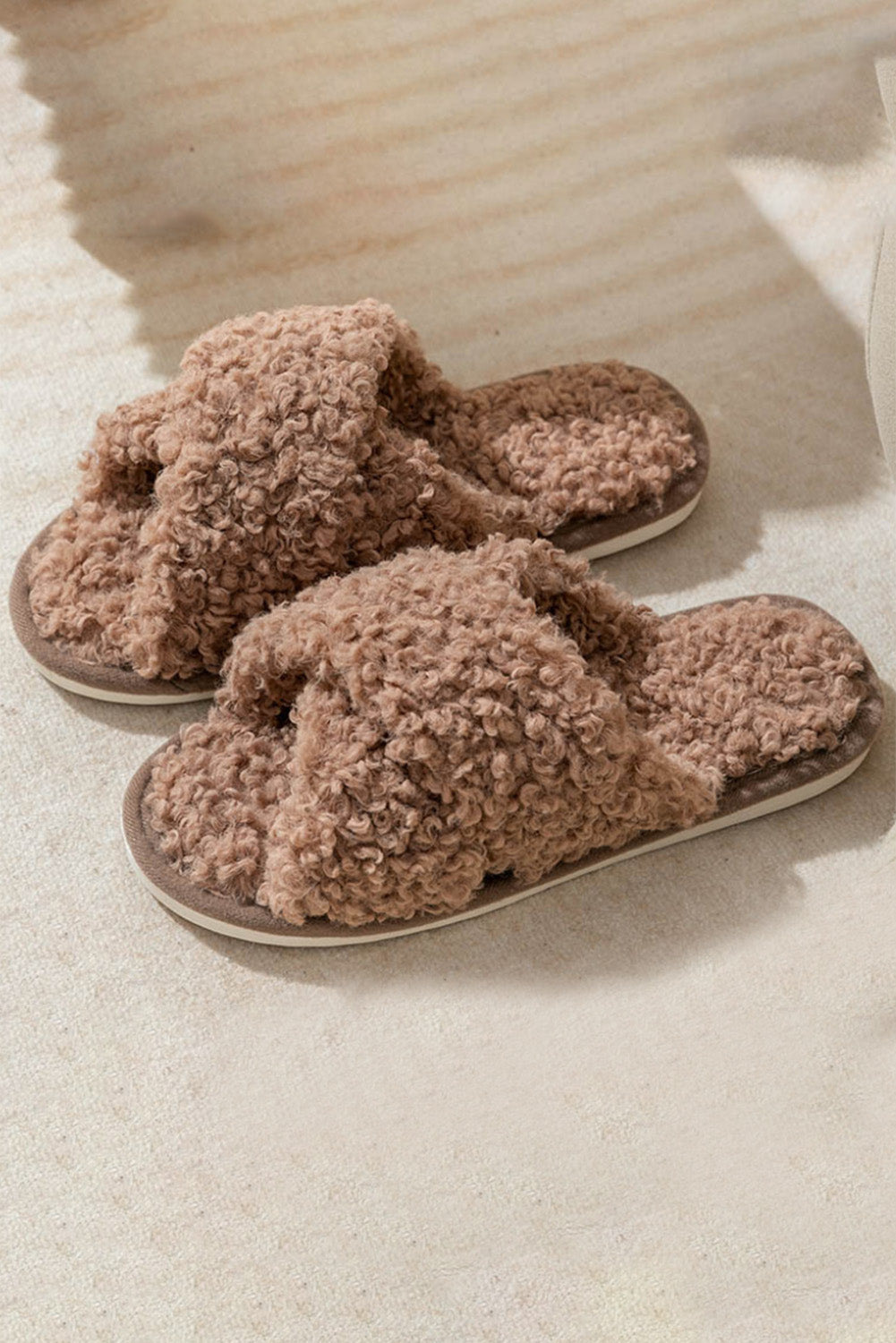 Brown Fuzzy Slipper Slides