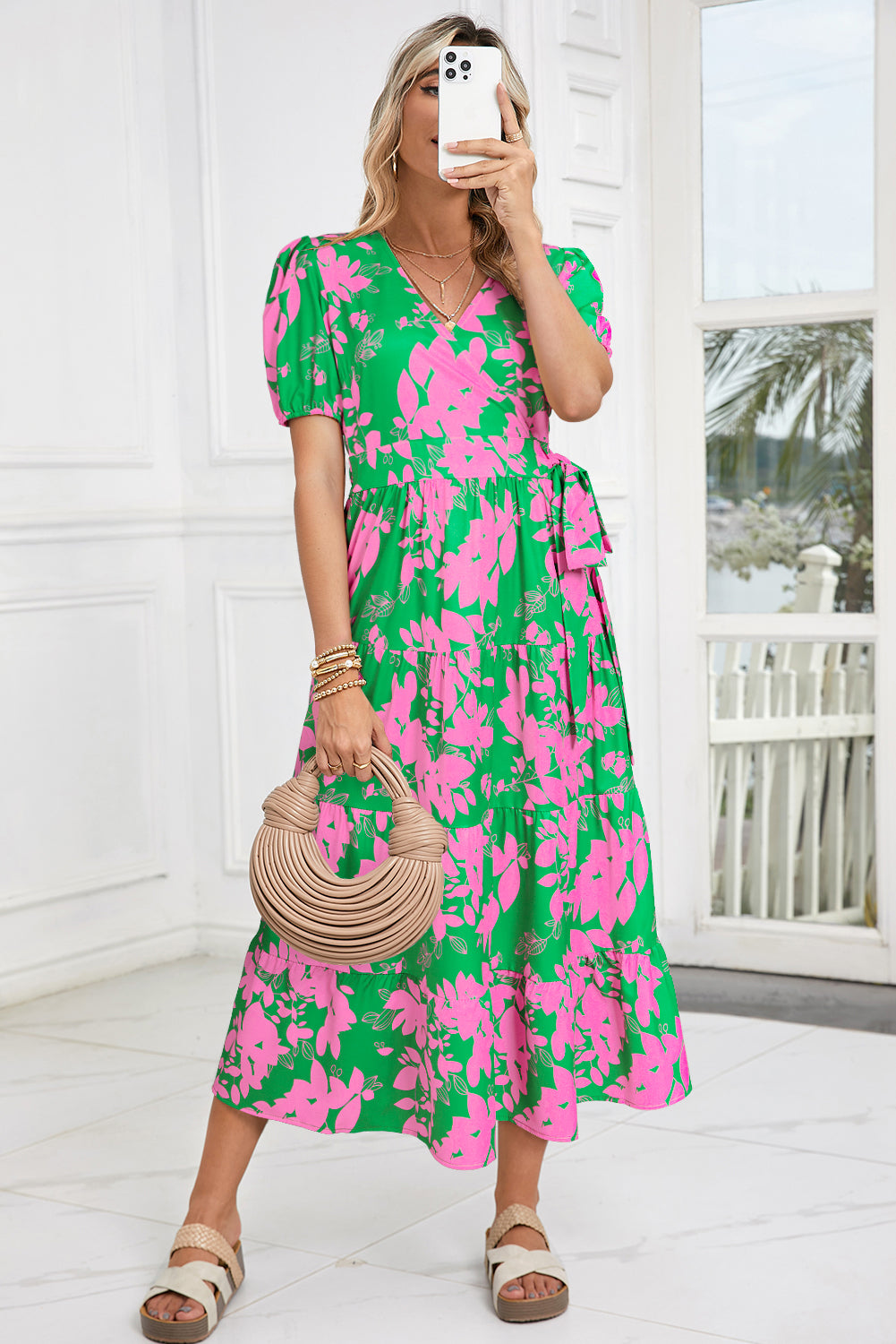 Green Floral High Waist V Neck Maxi Dress