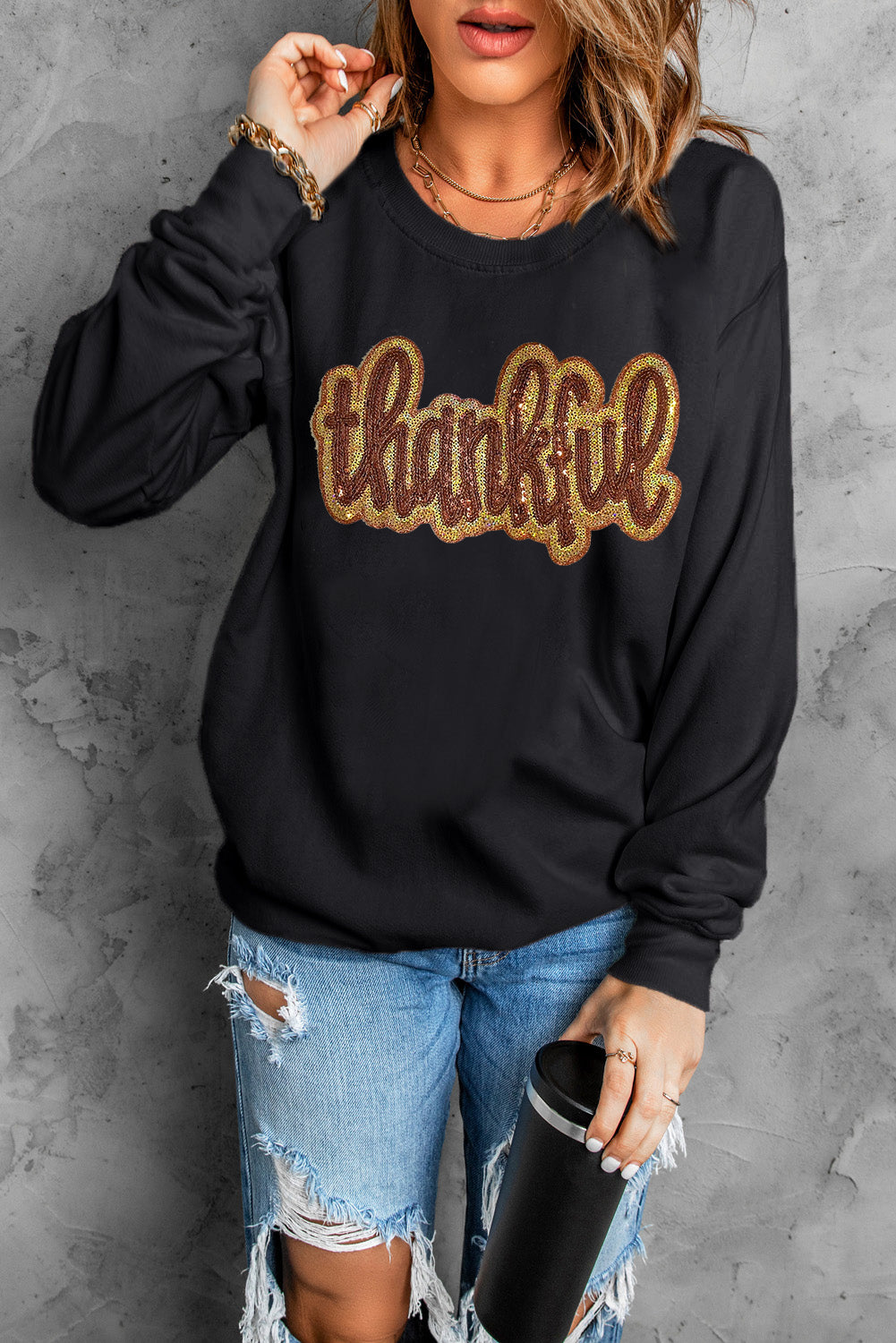 Black thankful Sequin Sweatshirt