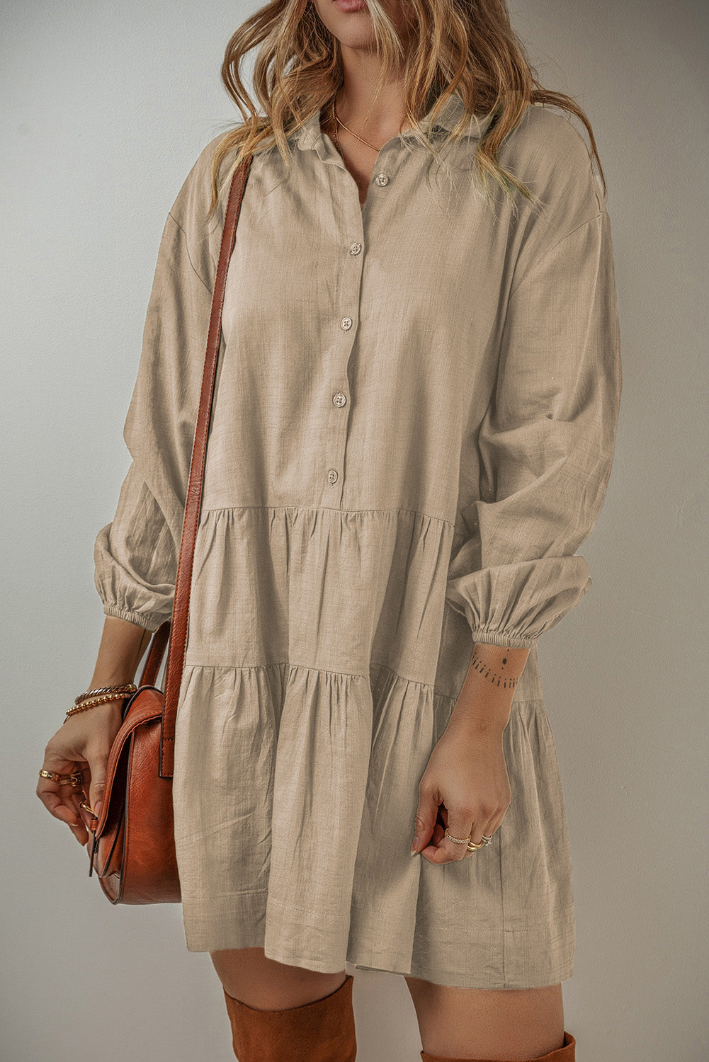 Tiered Pleated Mini Shirt Dress