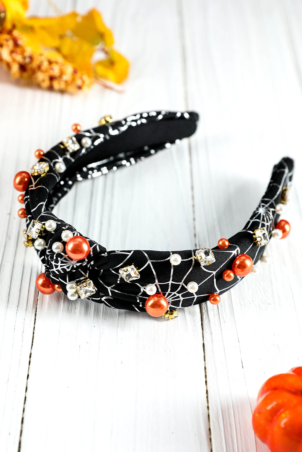 Black Pearled Rhinestone Spiderweb Halloween Headband