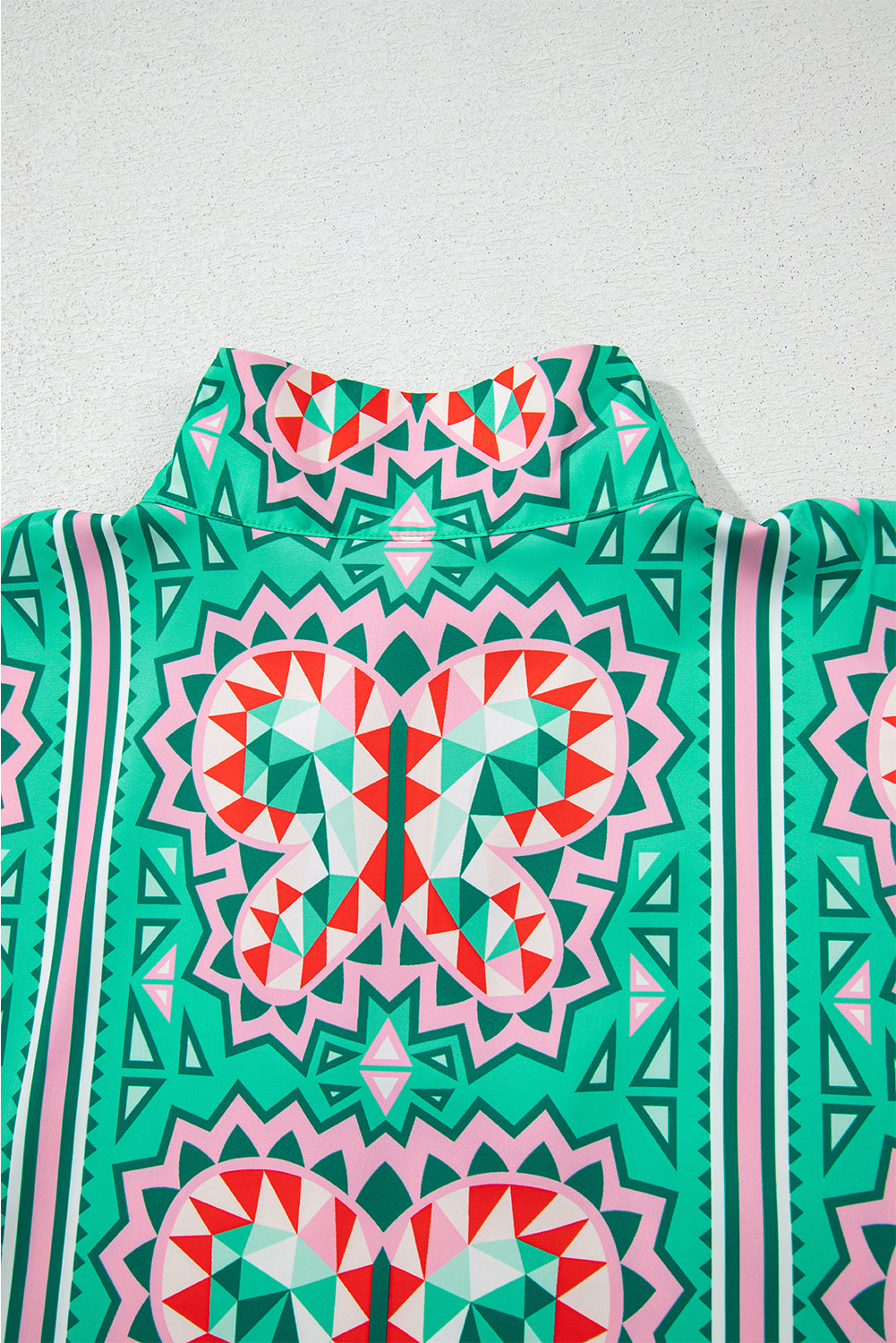 Sea Green Geometric Print Split Neck Blouse