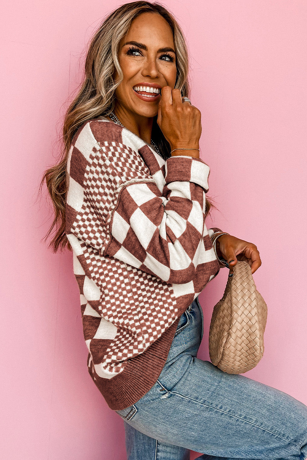 Checkered Drop Shoulder Round Neck Sweater