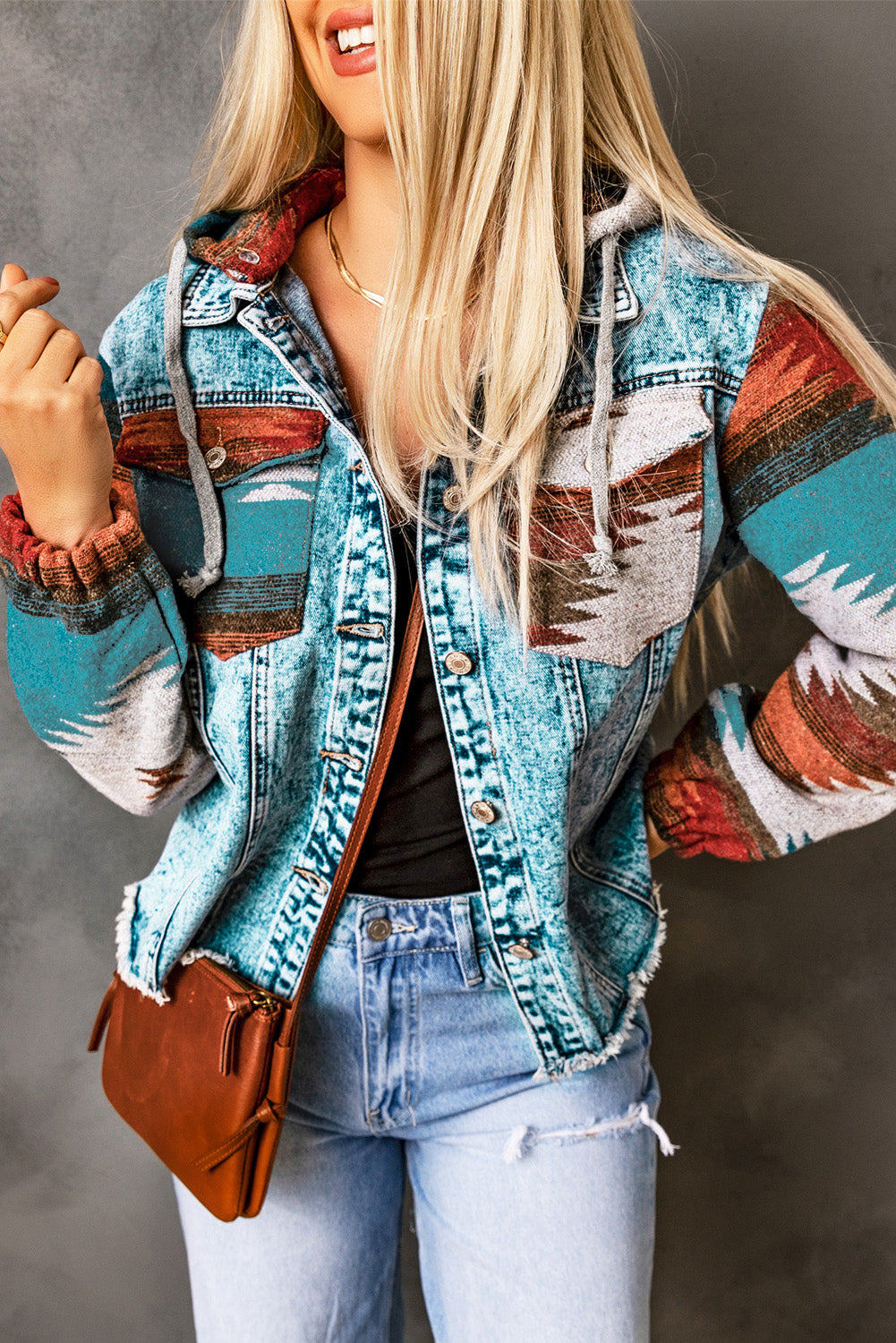 Western Print Frayed Hem Denim Jacket