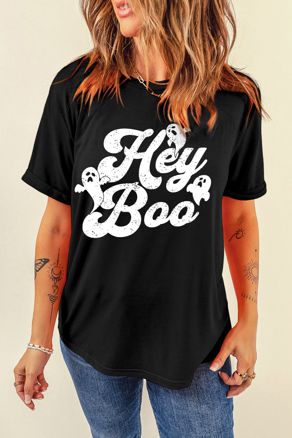 Hey Boo Ghost Print T Shirt