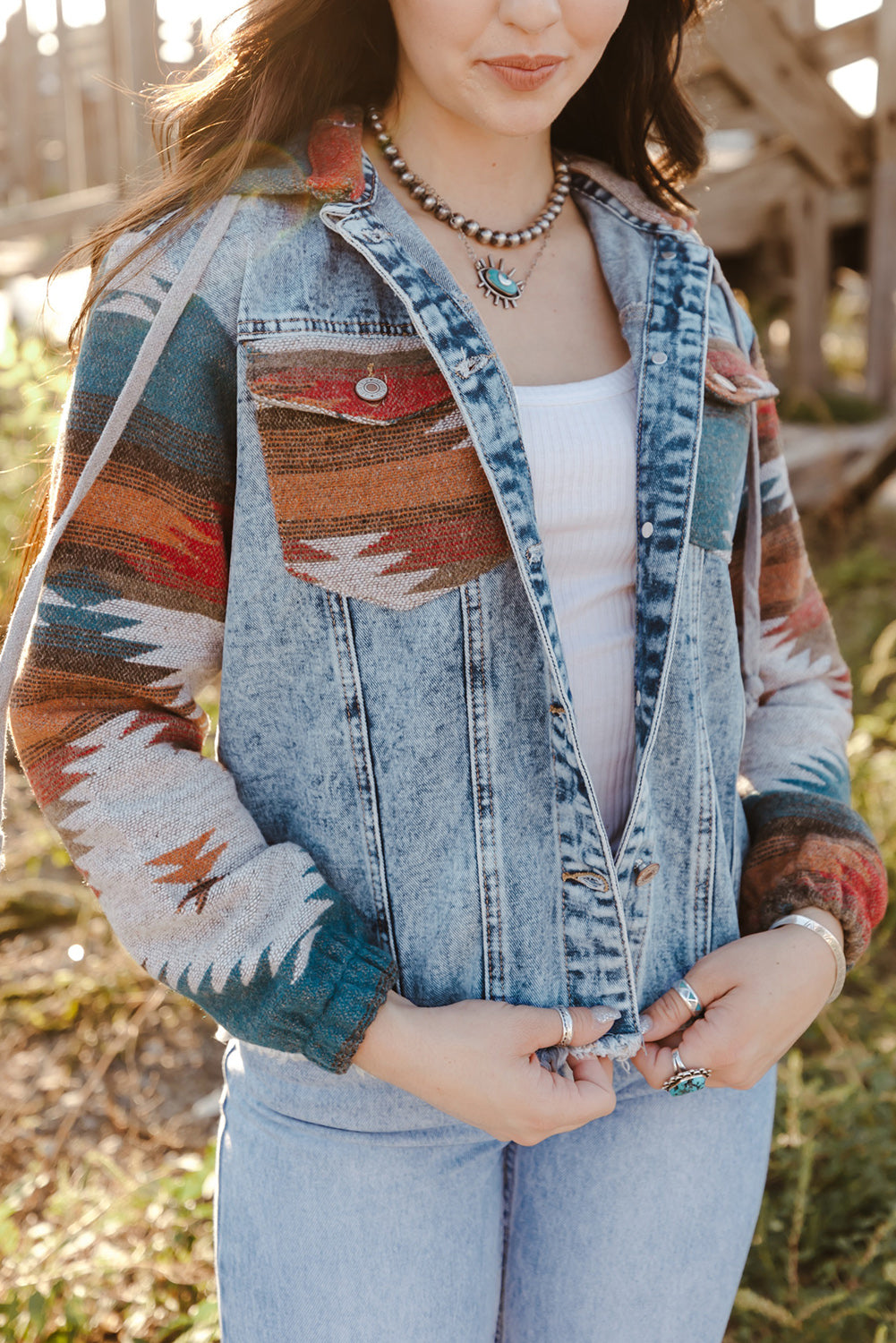 Western Print Frayed Hem Denim Jacket