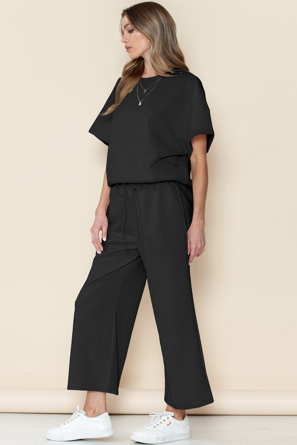 Textured Loose Fit T Shirt and Drawstring Pants Set