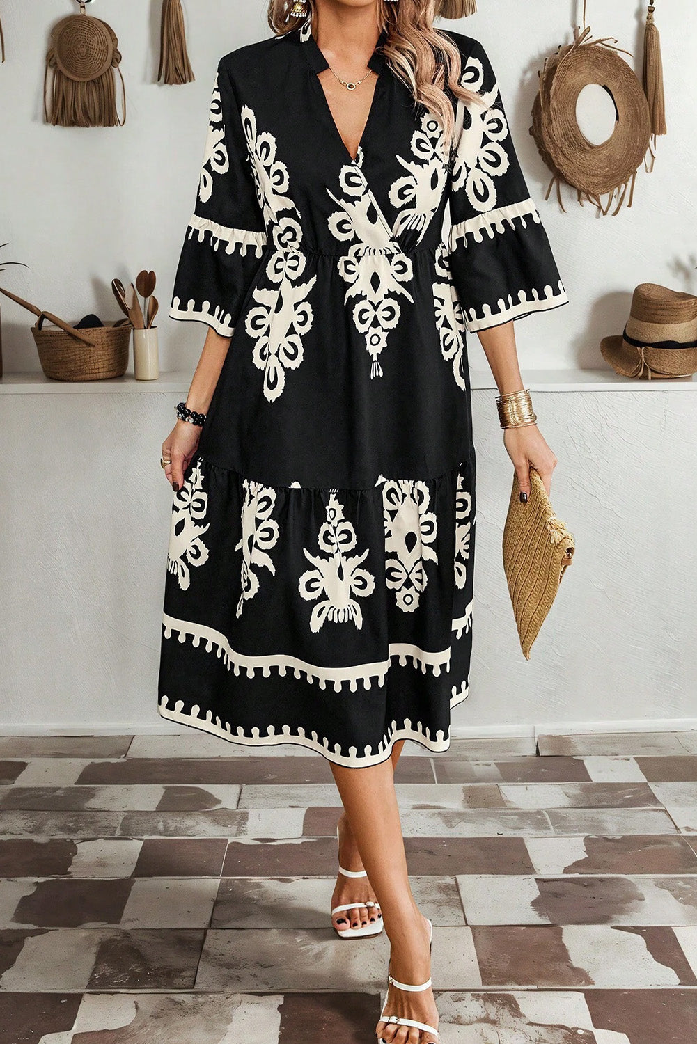 Black Print 3/4 Sleeve Loose Midi Dress