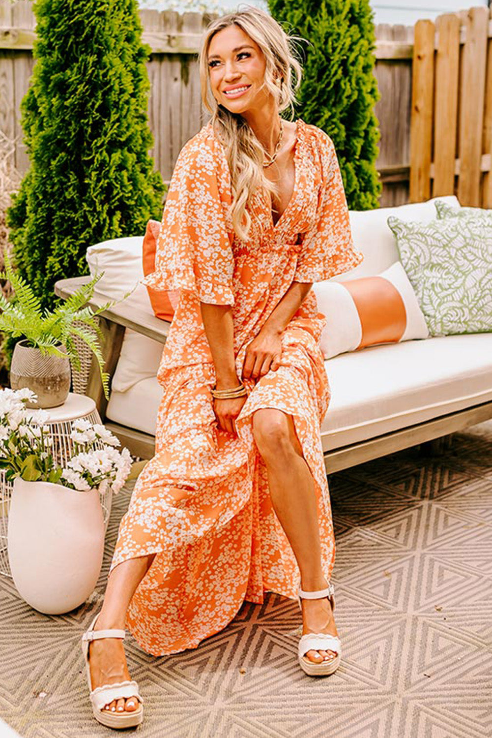 Orange Floral  Maxi Dress