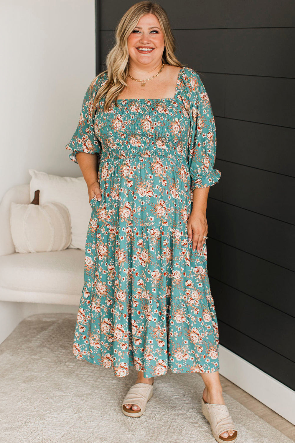 Green Floral Print Smocked Tiered Maxi Dress - Plus