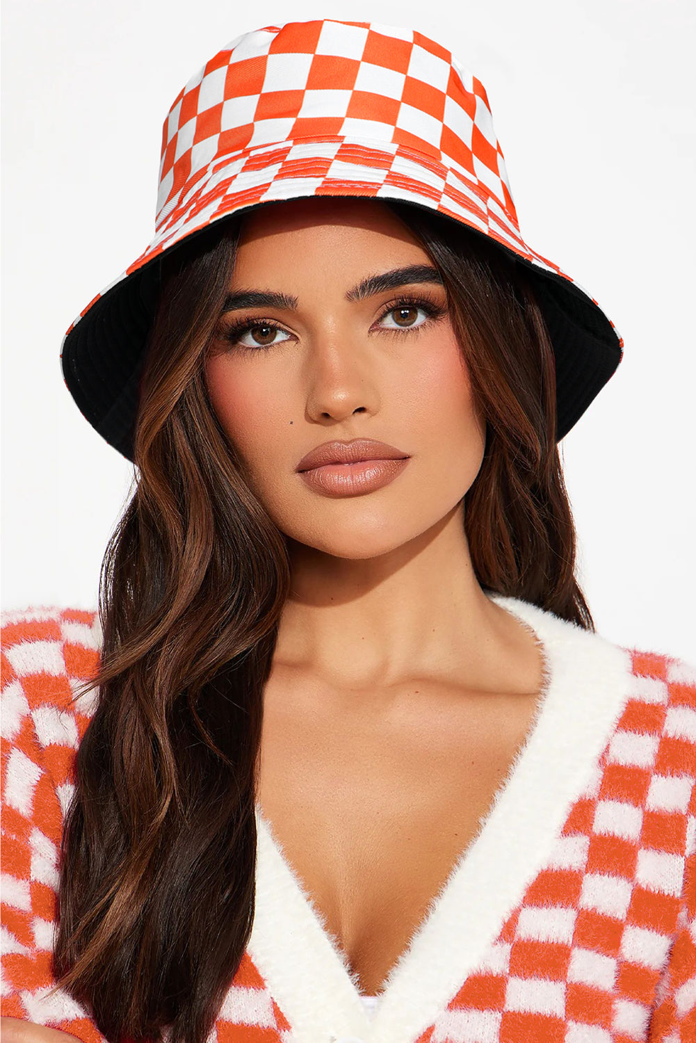 Orange Checkered Reversible Bucket Hat