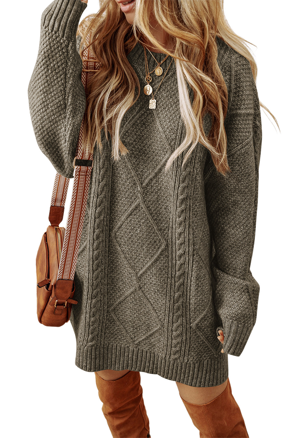 Cable Knit Drop Shoulder Loose Fit Sweater Dress