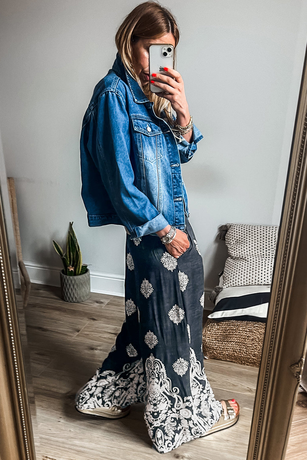 Black Bohemian Print Drawstring Waist Wide Leg Pants - Plus