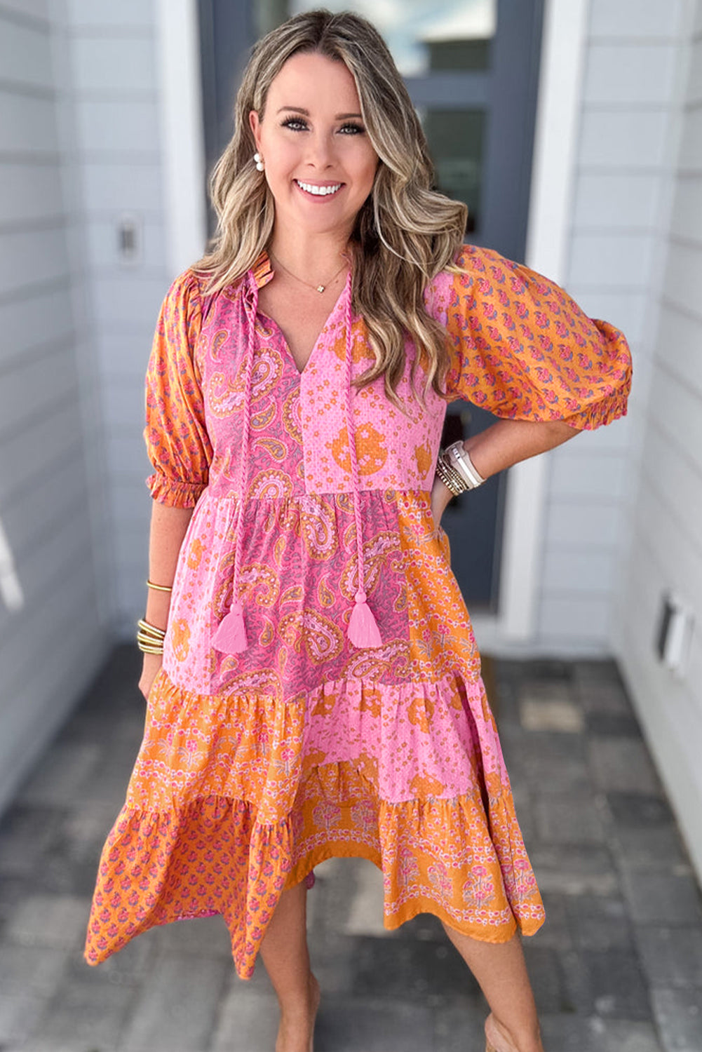 Pink Boho Paisley Floral Midi Dress - Plus