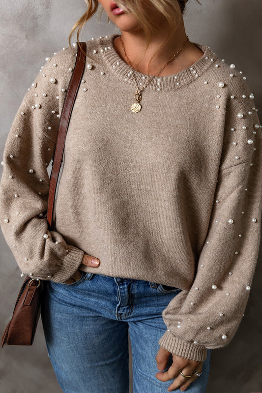 Pearl Drop Shoulder Round Neck Sweater - Plus