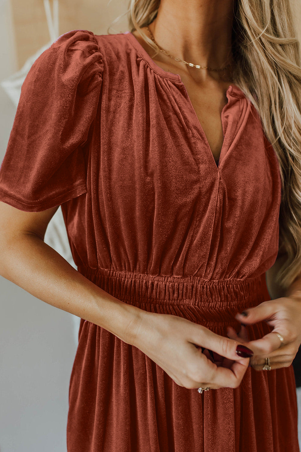 Chestnut Velvet Shirred Waist Tiered Maxi Dress