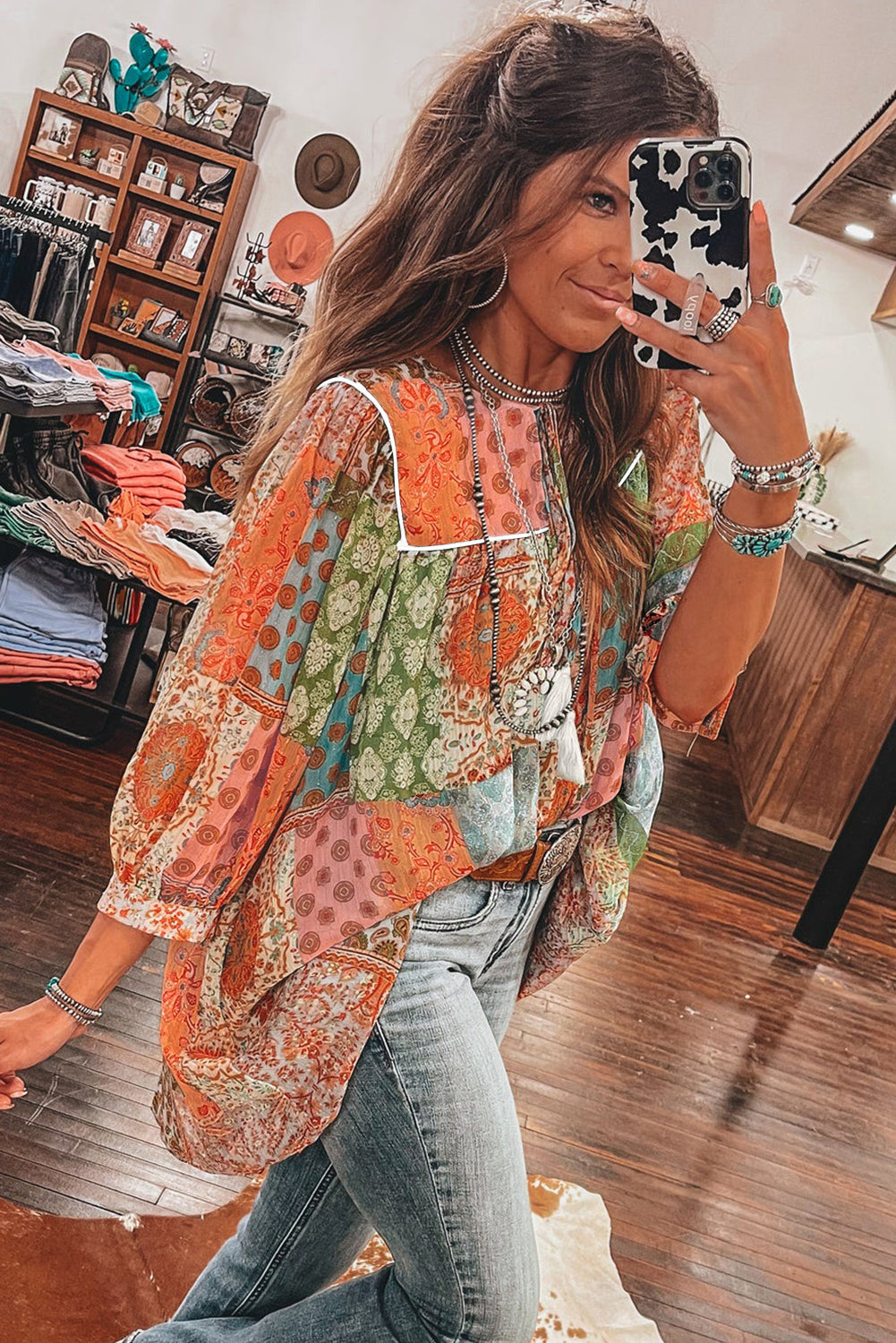 Boho Paisley Mixed Print 3/4 Sleeve Chiffon Loose Dress