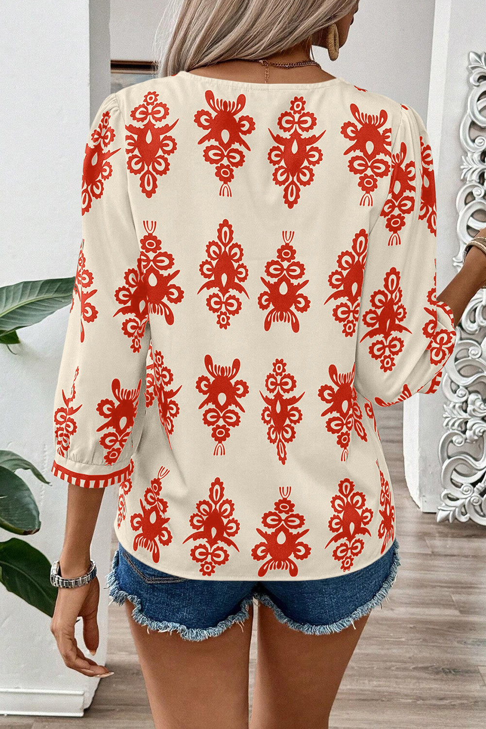 Ethnic Print V-Neck Blouse