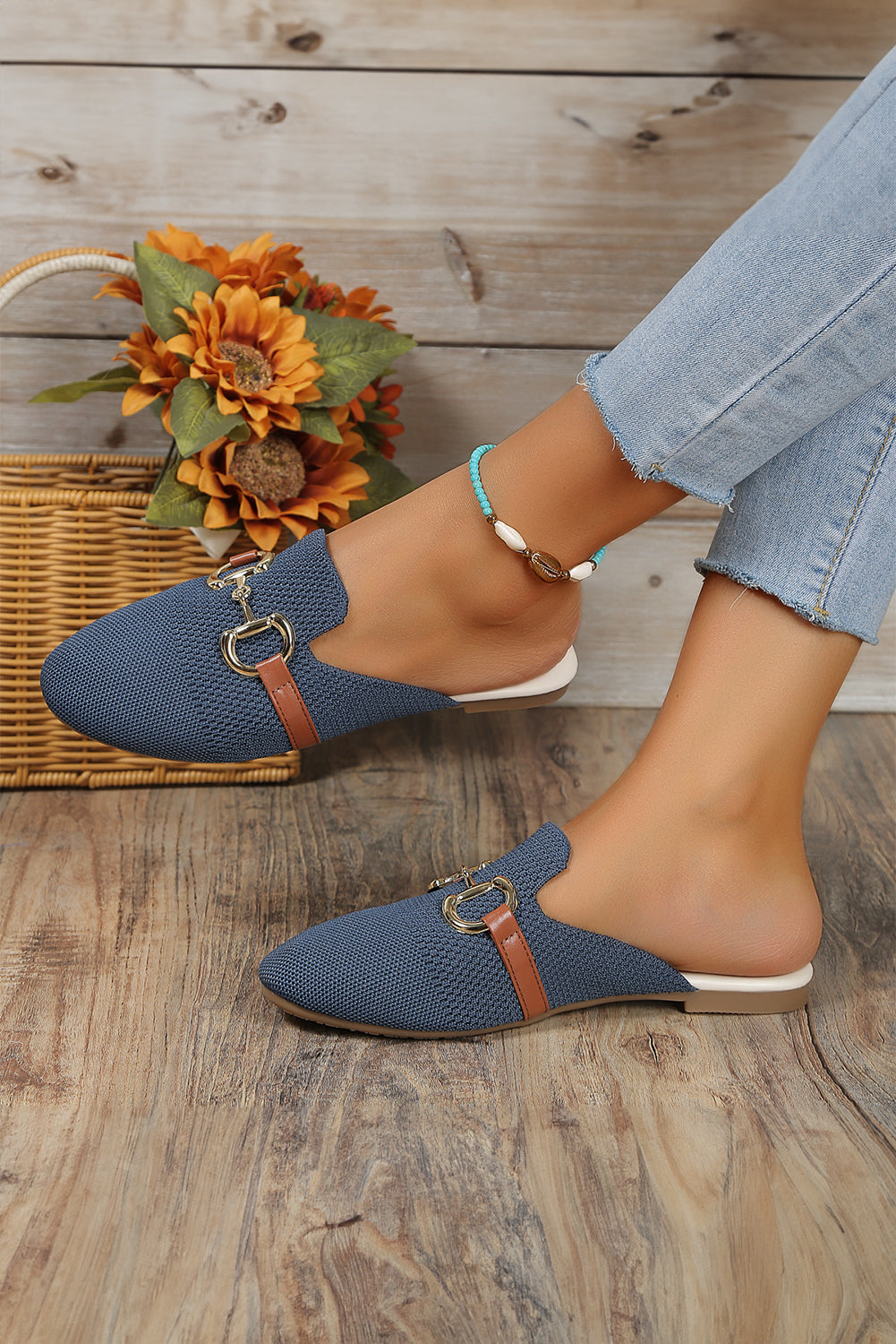 Sky Blue Leather Strap Buckle Slip On Flats