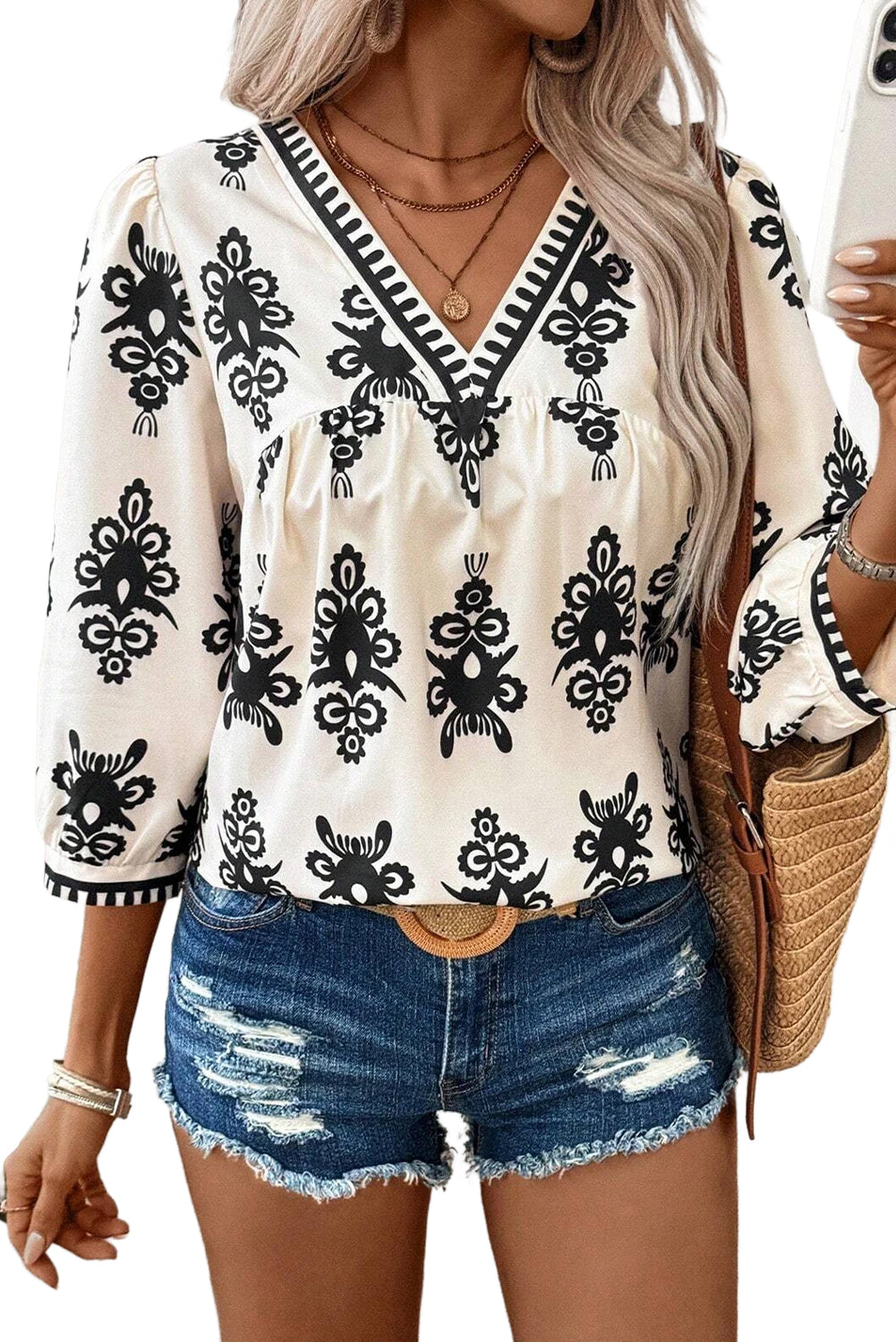 Ethnic Print V-Neck Blouse