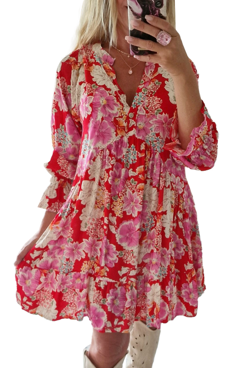 Red Floral Print V Neck Dress