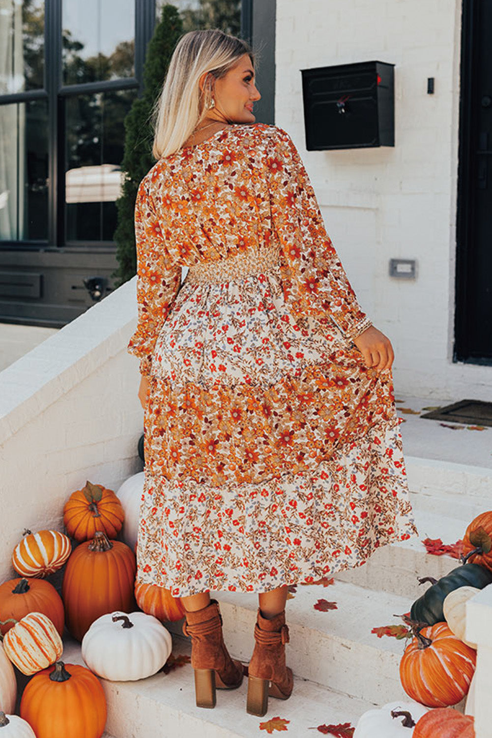 Floral Print Ruffled Tiered Long Sleeve V Neck Midi Dress