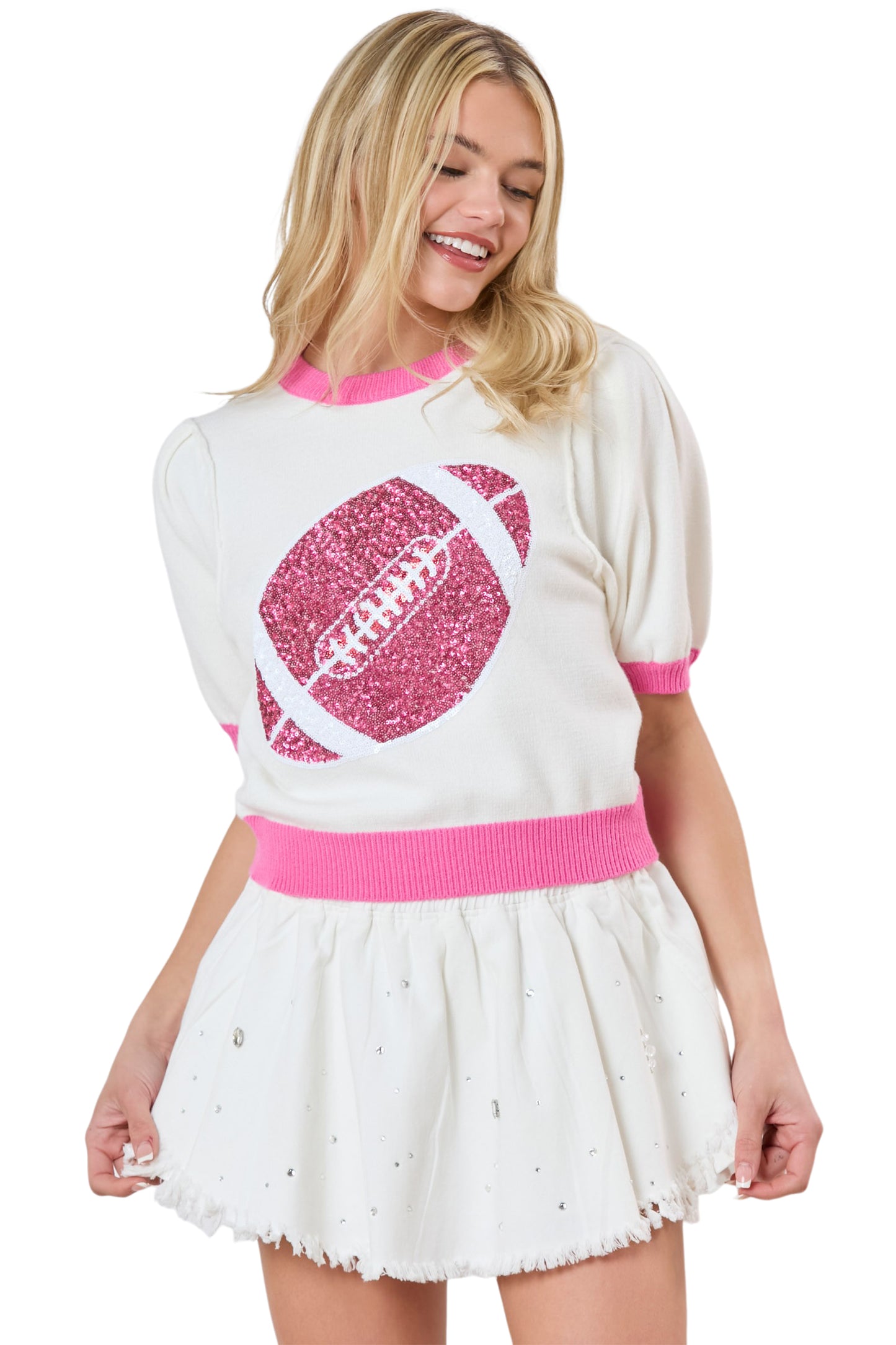 Sequin Football Puff Sleeve Knit Top