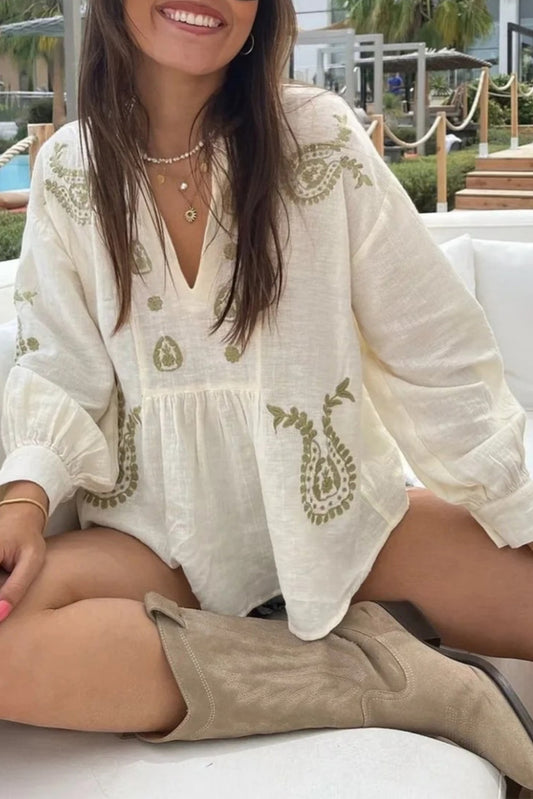 White Boho V Neck  Loose Blouse