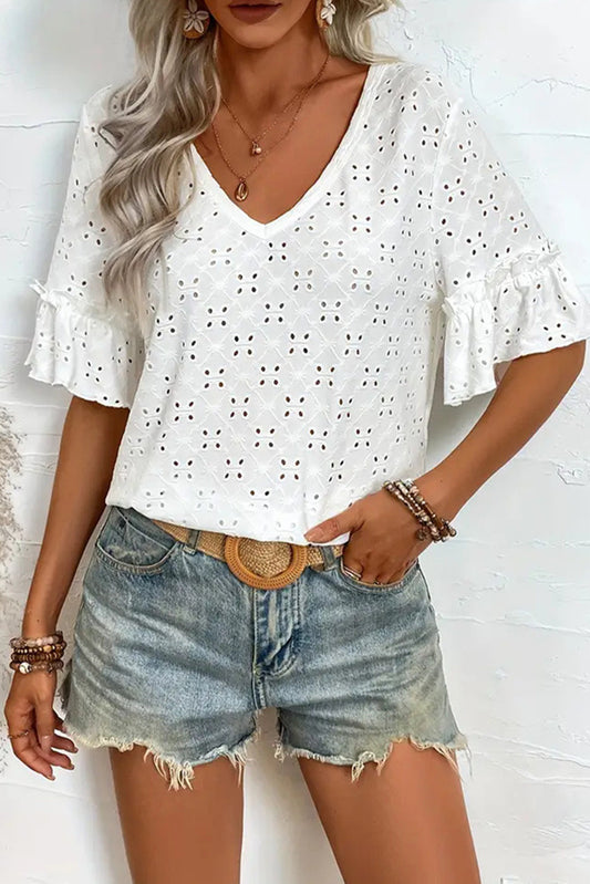 Eyelet V-Neck Short Sleeve Top