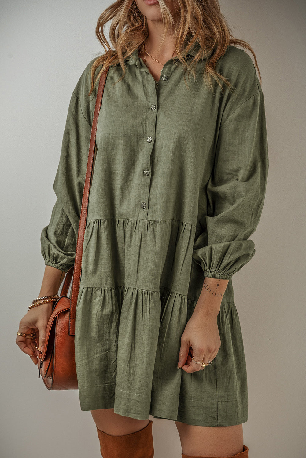 Tiered Pleated Mini Shirt Dress