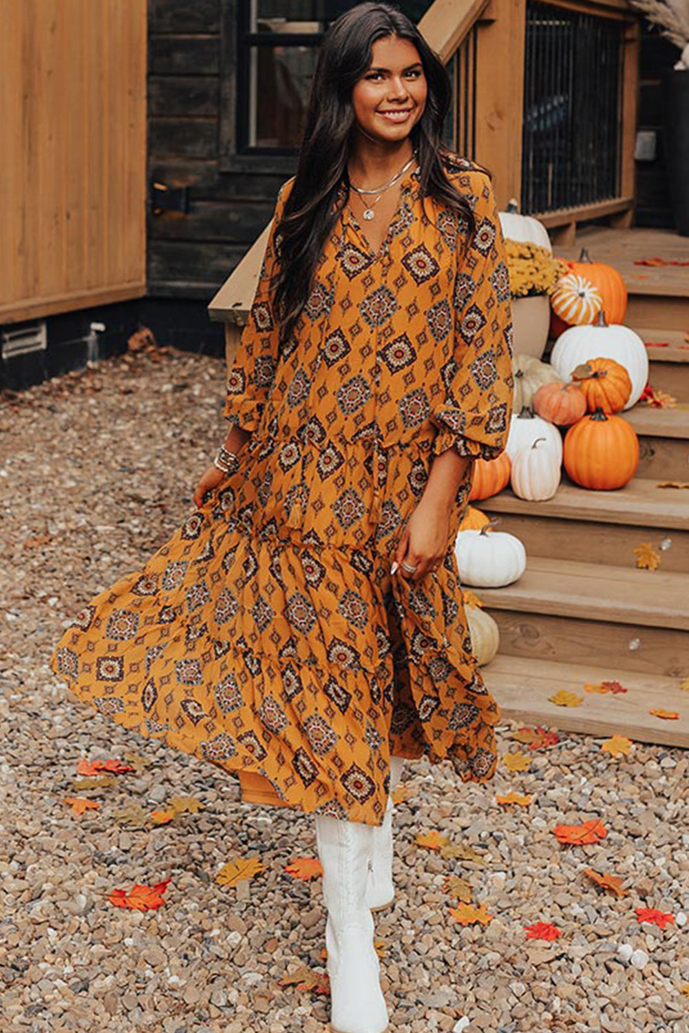 Orange Geo Print Tiered Midi Dress