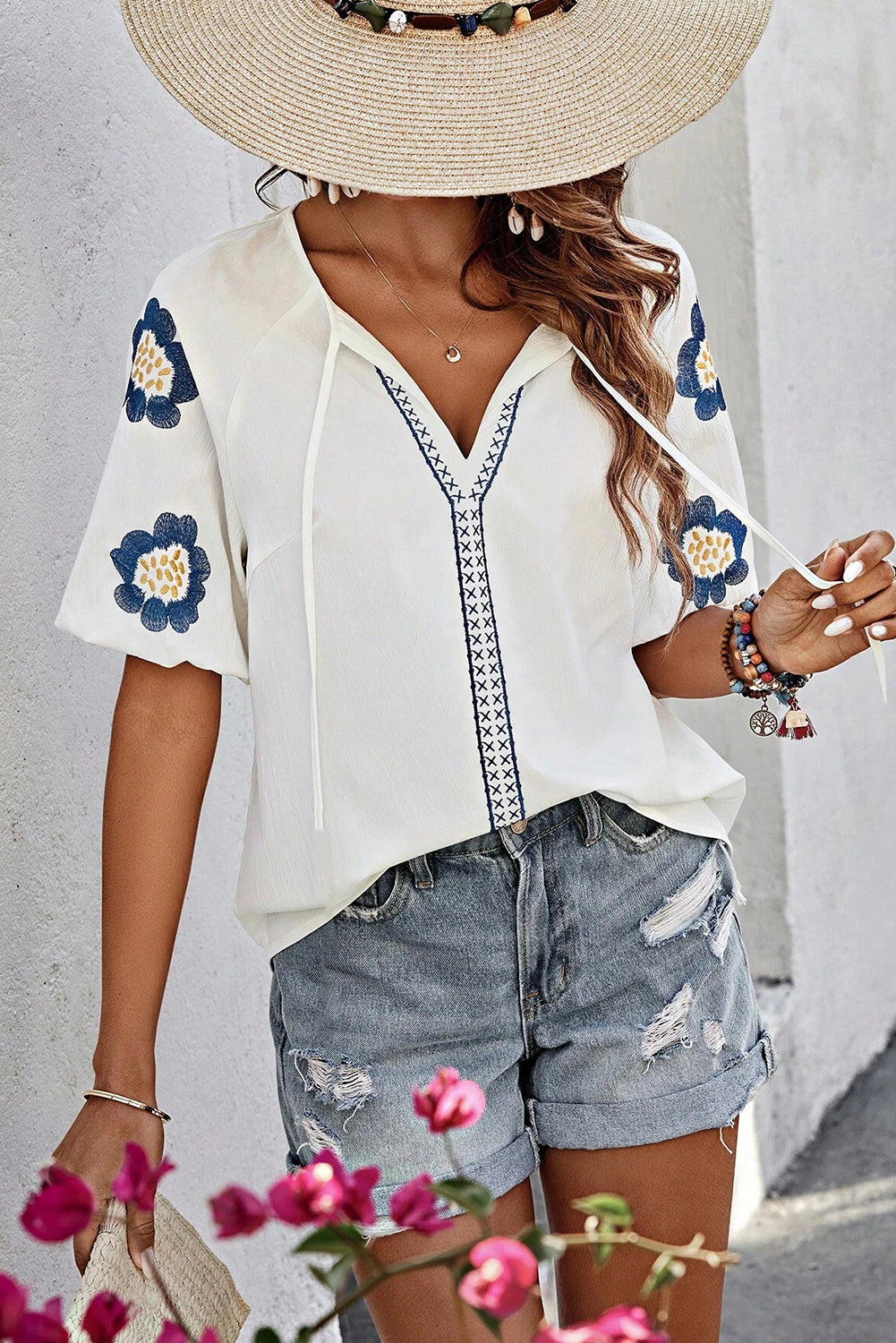 Embroidered Flower V Neck Puff Sleeve Blouse