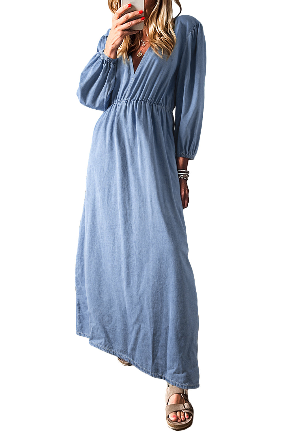 Chambray Deep V Neck Maxi Dress