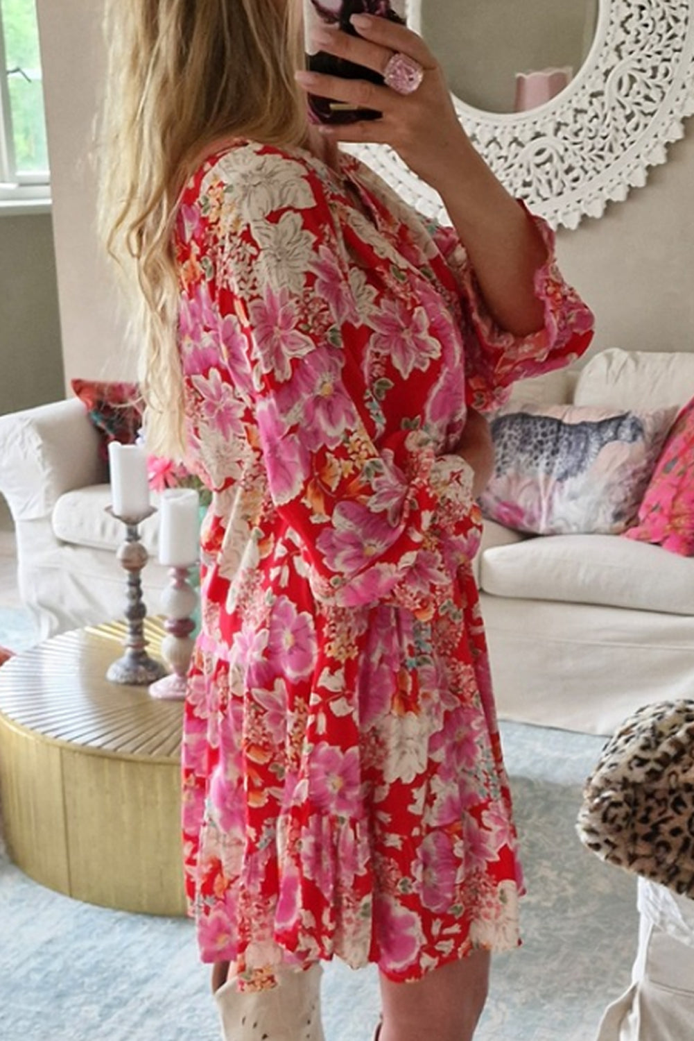 Red Floral Print V Neck Dress