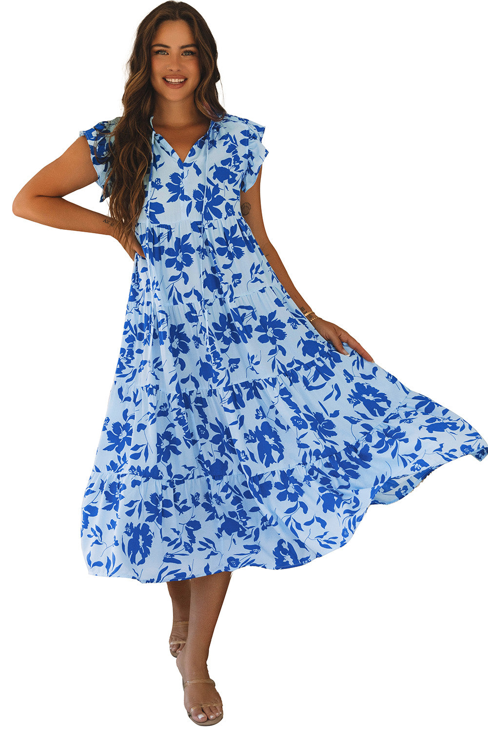 Sky Blue Floral Tiered Maxi Dress