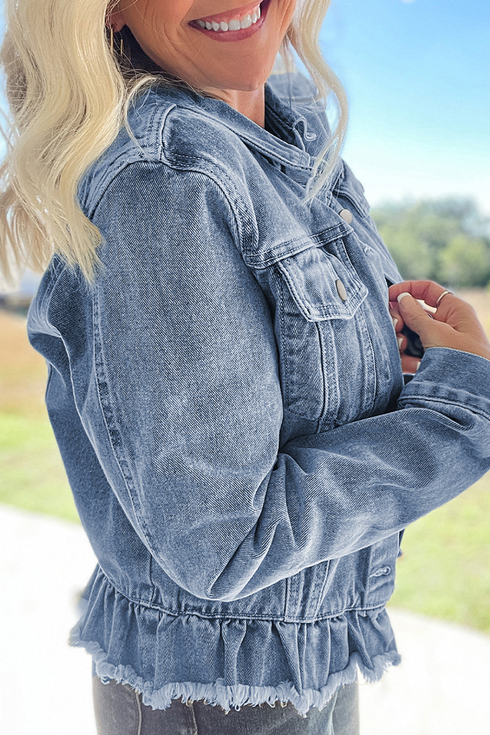 Ruffle Raw Hem Denim Jacket