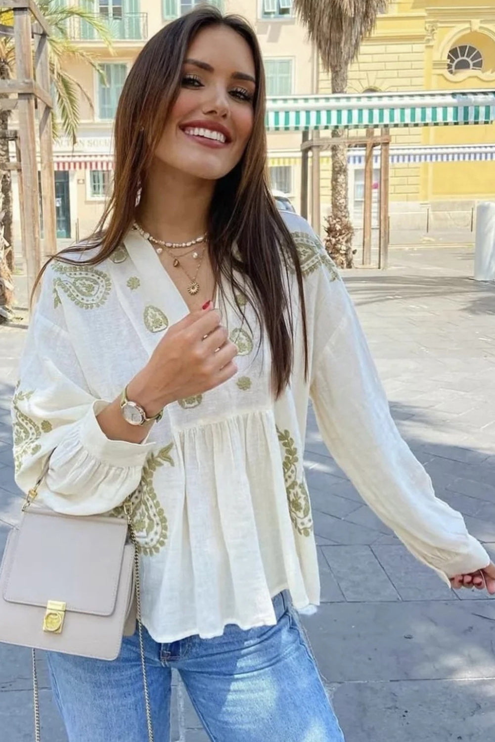 White Boho V Neck  Loose Blouse