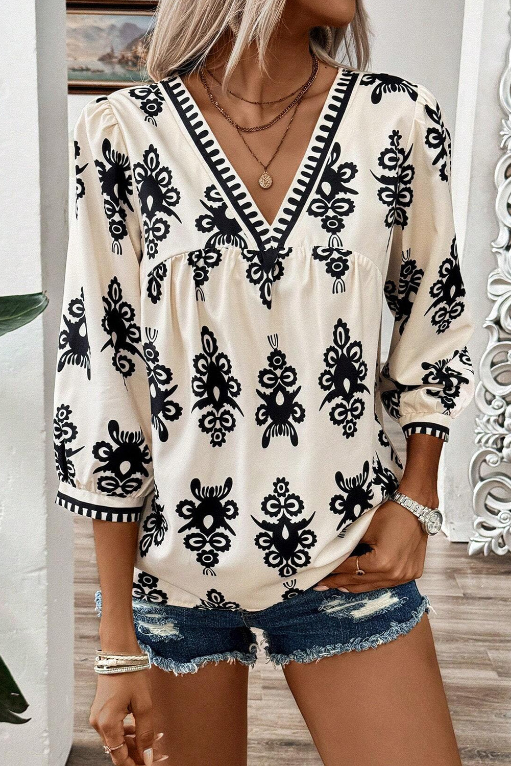 Ethnic Print V-Neck Blouse