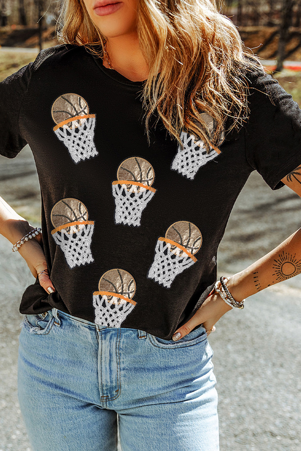 Black Sequin Basketball Game Day T Shirt