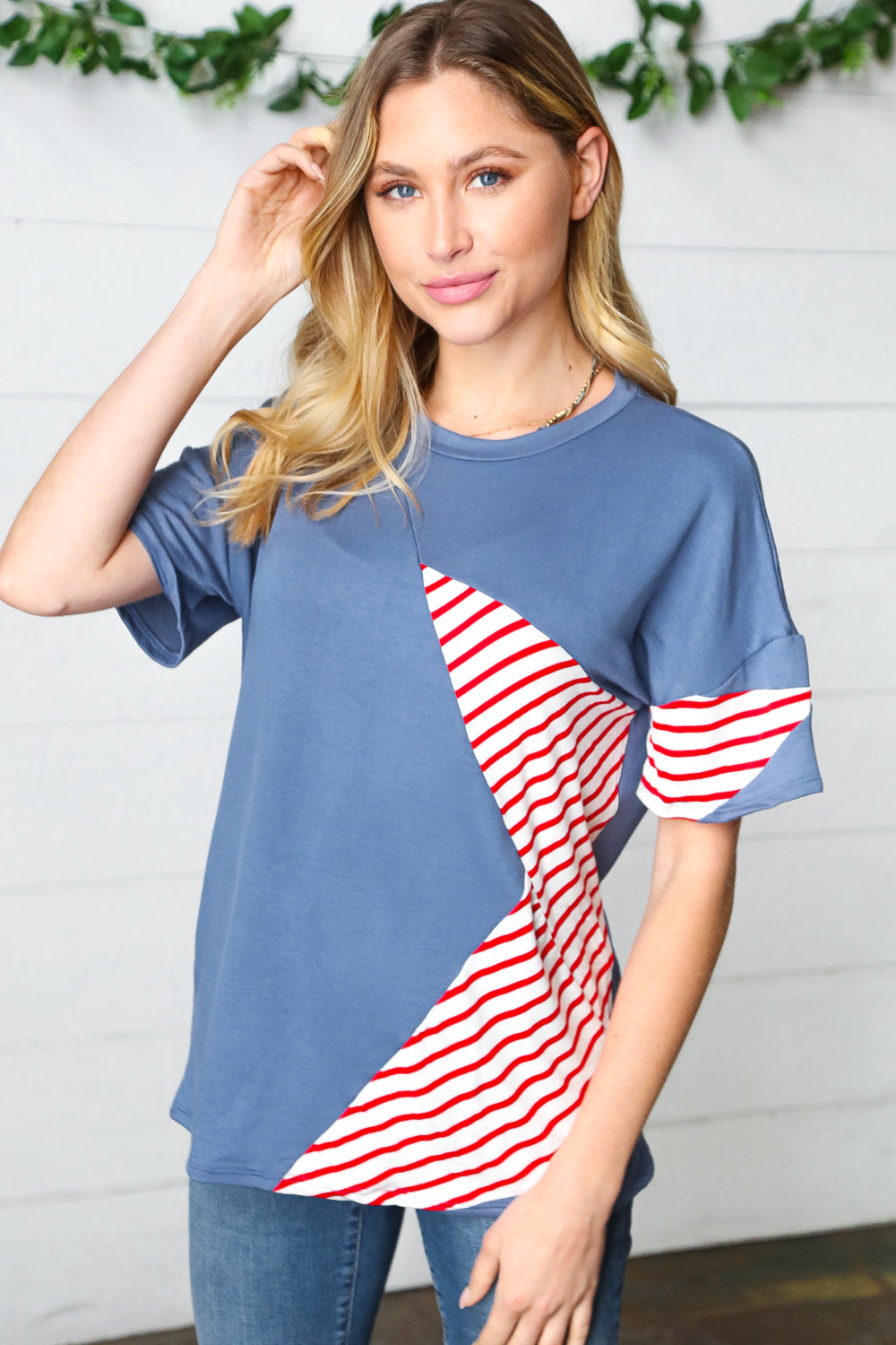 Red Striped Star Detail French Terry Patriotic Top