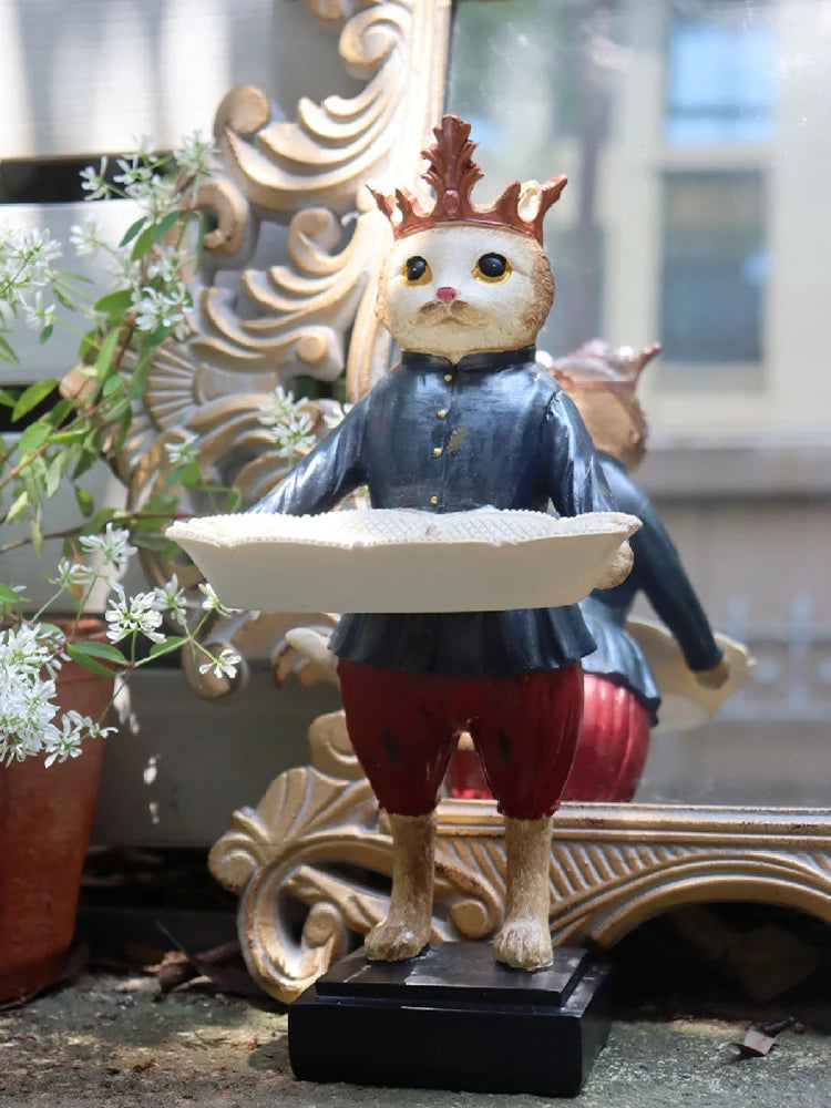 Vintage Style Cat Statue with Tray