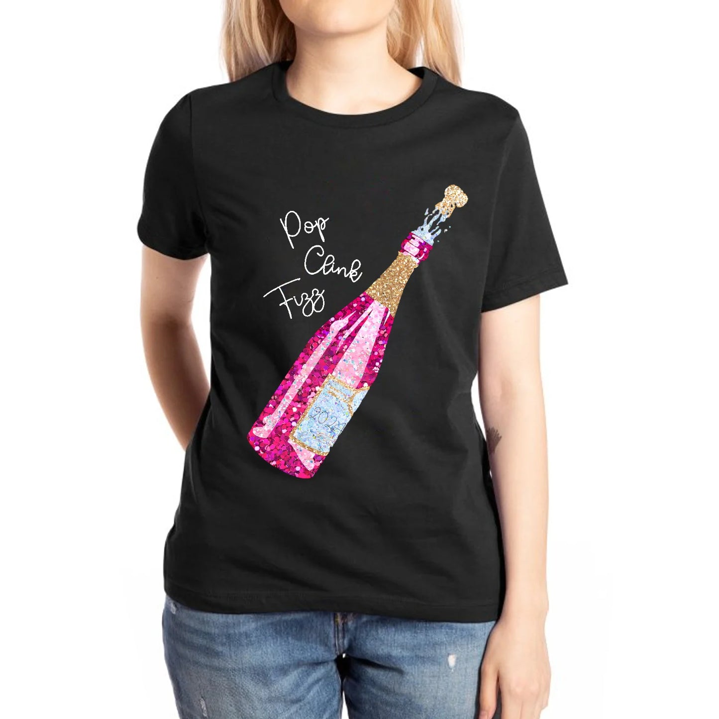 Pop Clink Fizz Pink Champagne Sparkle T-Shirt