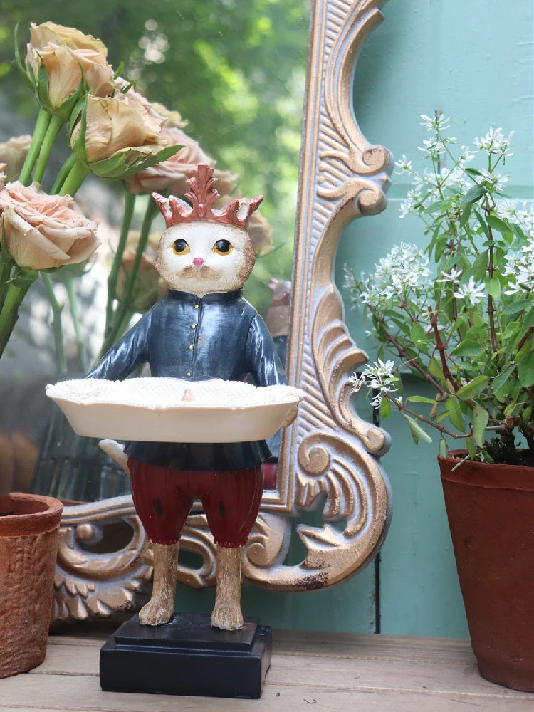 Vintage Style Cat Statue with Tray