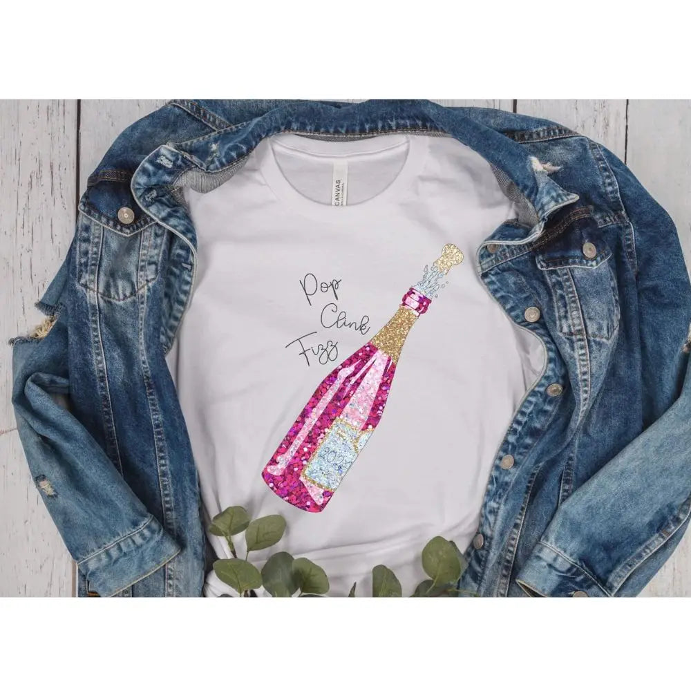 Pop Clink Fizz Pink Champagne Sparkle T-Shirt